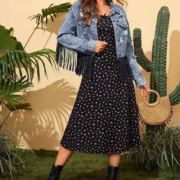 Black and White Boho Womens Ditsy Floral Print Cami Dress - Picture 4 of 5